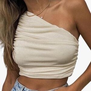 Cream one shoulder ruched crop top size medium